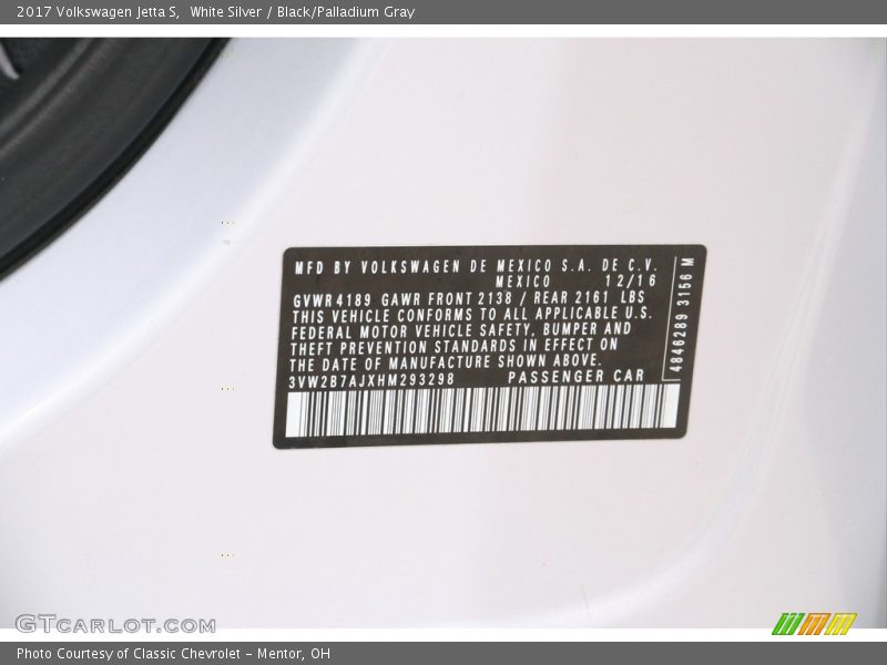White Silver / Black/Palladium Gray 2017 Volkswagen Jetta S