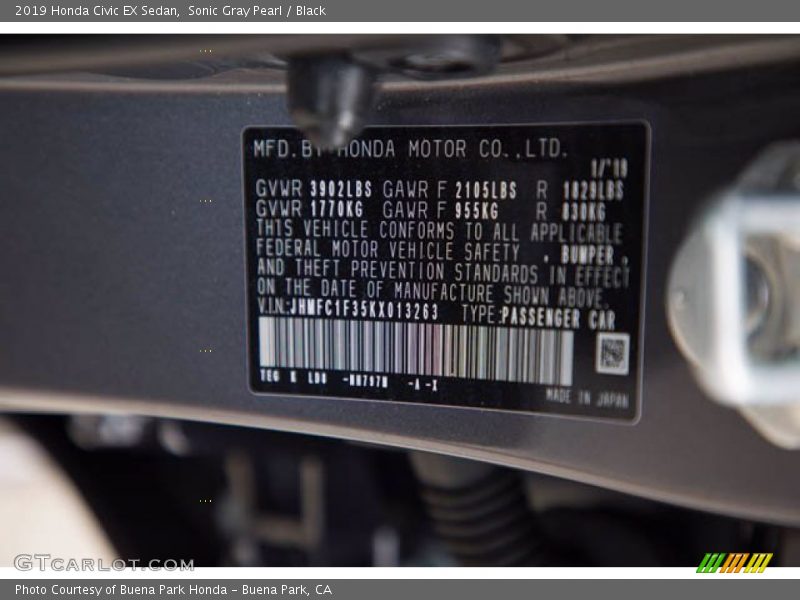 Sonic Gray Pearl / Black 2019 Honda Civic EX Sedan