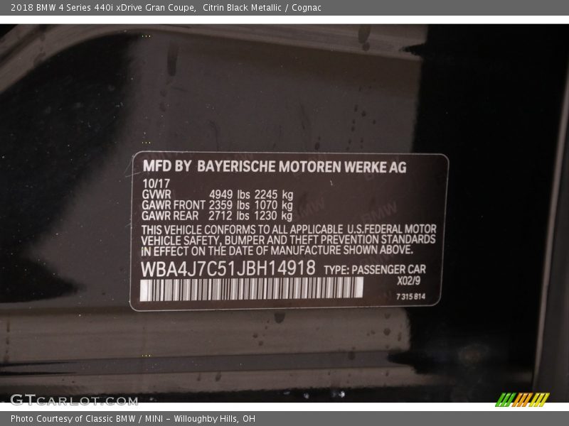 2018 4 Series 440i xDrive Gran Coupe Citrin Black Metallic Color Code X02