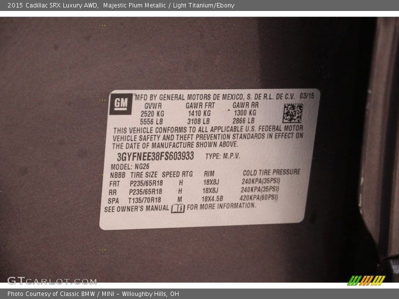 Majestic Plum Metallic / Light Titanium/Ebony 2015 Cadillac SRX Luxury AWD