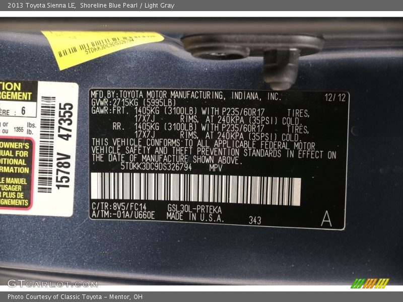 Shoreline Blue Pearl / Light Gray 2013 Toyota Sienna LE