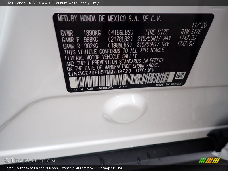 Platinum White Pearl / Gray 2021 Honda HR-V EX AWD