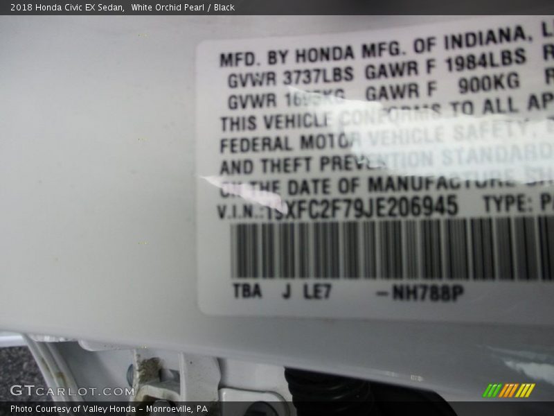 White Orchid Pearl / Black 2018 Honda Civic EX Sedan