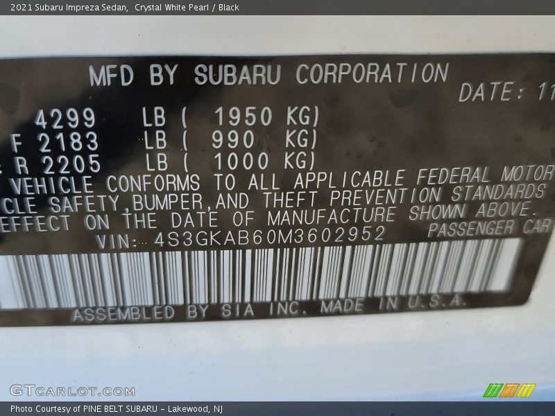 Crystal White Pearl / Black 2021 Subaru Impreza Sedan