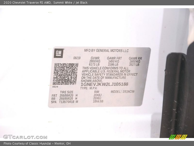 Summit White / Jet Black 2020 Chevrolet Traverse RS AWD