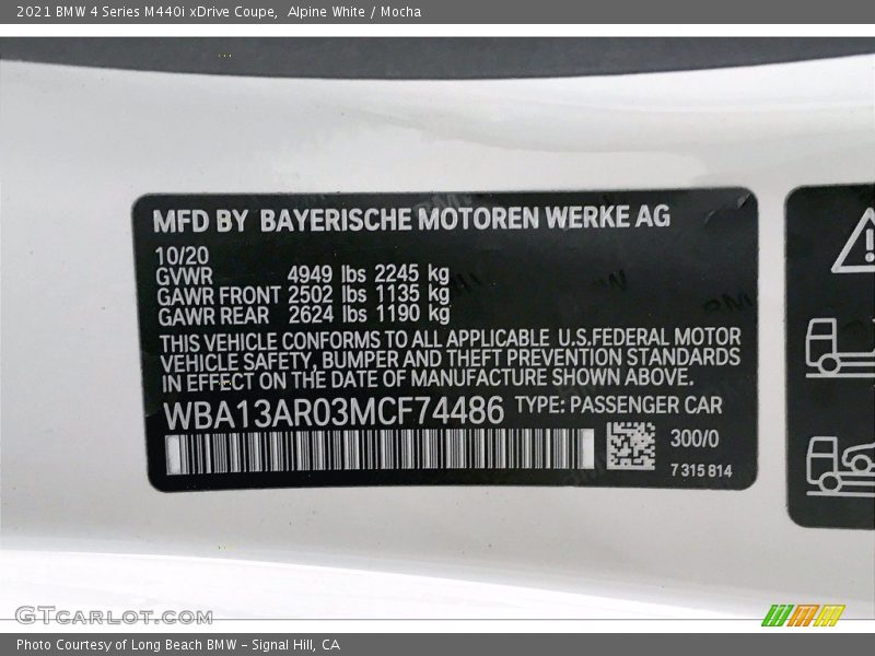 2021 4 Series M440i xDrive Coupe Alpine White Color Code 300