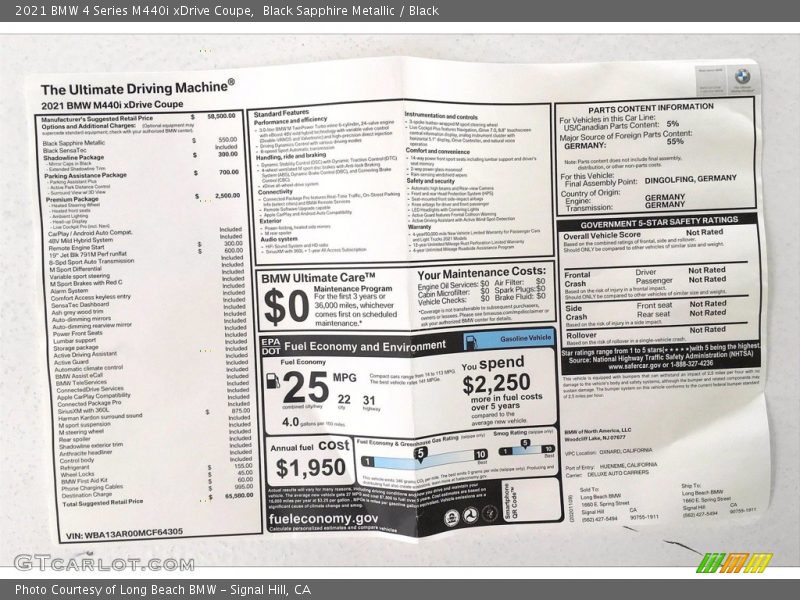  2021 4 Series M440i xDrive Coupe Window Sticker