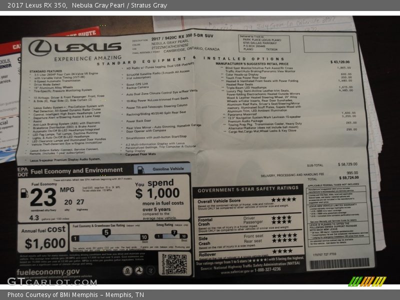 Nebula Gray Pearl / Stratus Gray 2017 Lexus RX 350