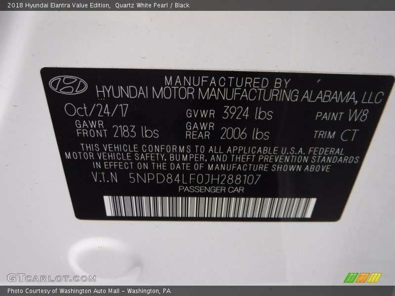 Quartz White Pearl / Black 2018 Hyundai Elantra Value Edition