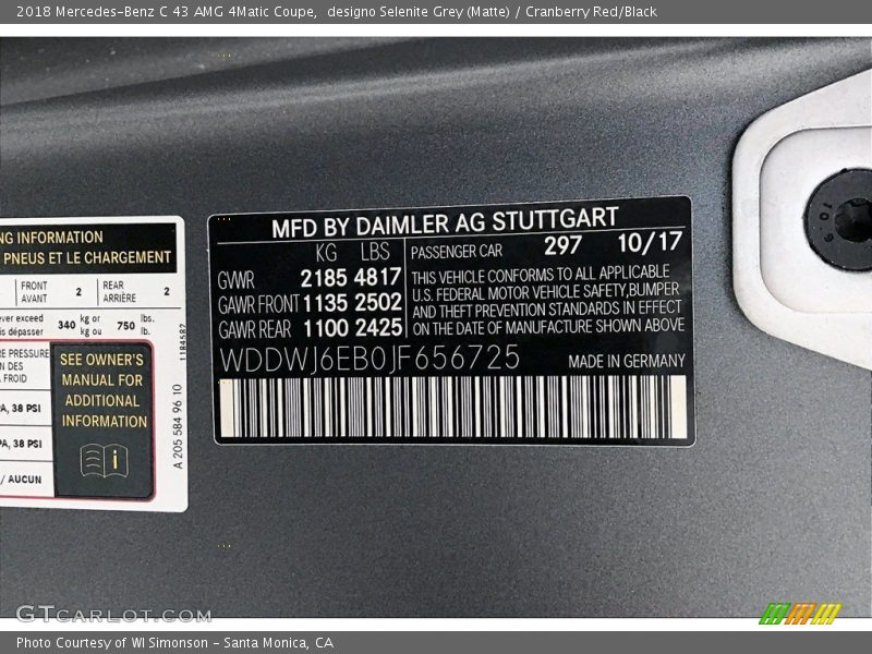 2018 C 43 AMG 4Matic Coupe designo Selenite Grey (Matte) Color Code 297