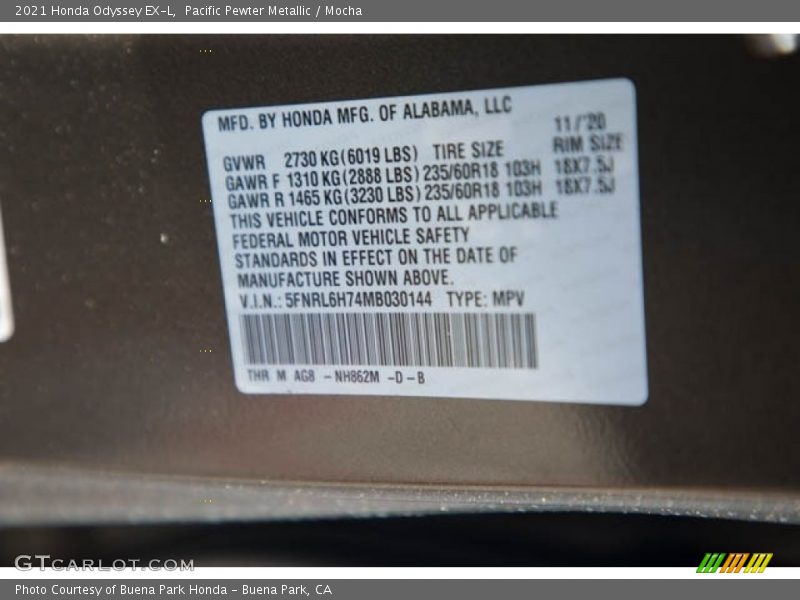 Pacific Pewter Metallic / Mocha 2021 Honda Odyssey EX-L