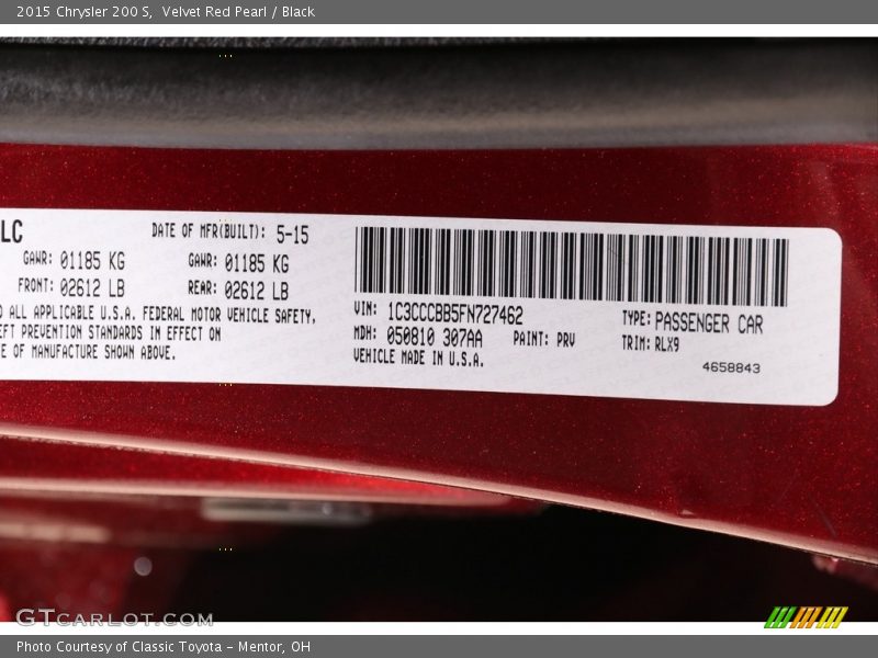 Velvet Red Pearl / Black 2015 Chrysler 200 S