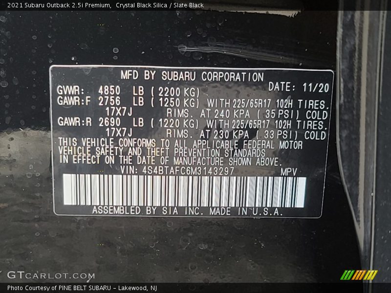Crystal Black Silica / Slate Black 2021 Subaru Outback 2.5i Premium