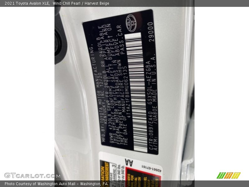 2021 Avalon XLE Wind Chill Pearl Color Code 089