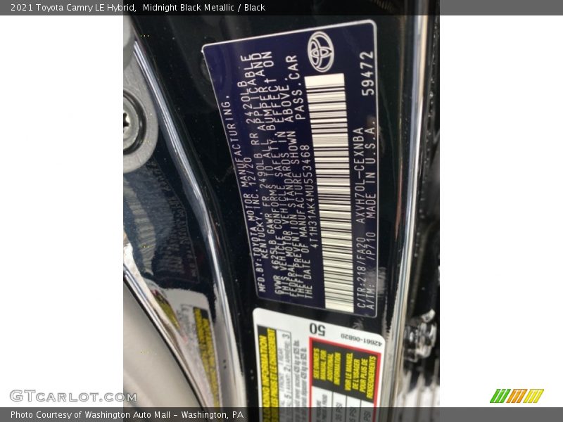 Midnight Black Metallic / Black 2021 Toyota Camry LE Hybrid