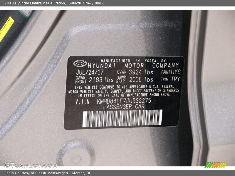 Galactic Gray / Black 2018 Hyundai Elantra Value Edition