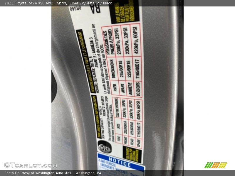 Info Tag of 2021 RAV4 XSE AWD Hybrid
