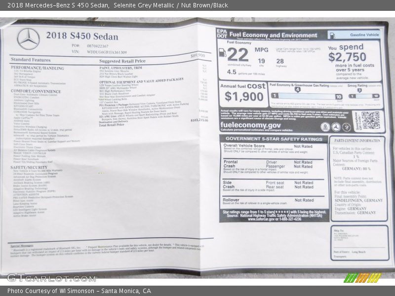  2018 S 450 Sedan Window Sticker