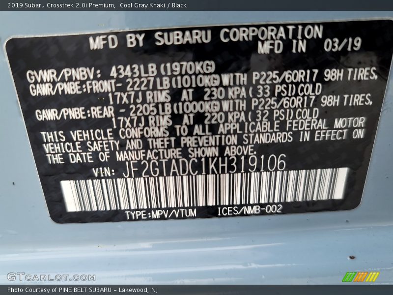 Cool Gray Khaki / Black 2019 Subaru Crosstrek 2.0i Premium