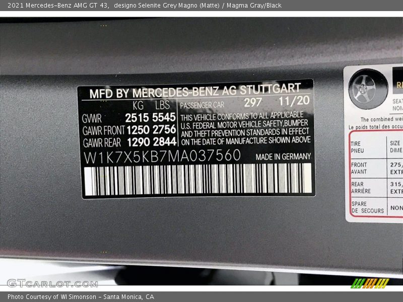 2021 AMG GT 43 designo Selenite Grey Magno (Matte) Color Code 297