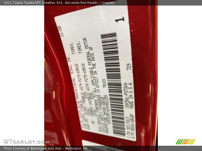 2021 Tundra SR5 CrewMax 4x4 Barcelona Red Metallic Color Code 3R3