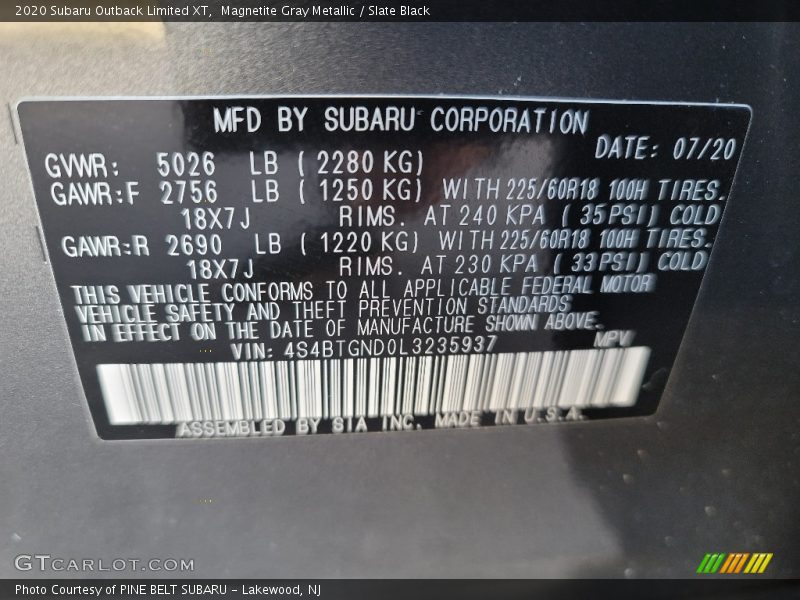 Magnetite Gray Metallic / Slate Black 2020 Subaru Outback Limited XT