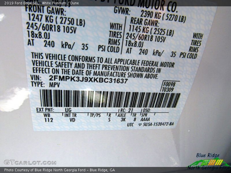 White Platinum / Dune 2019 Ford Edge SEL