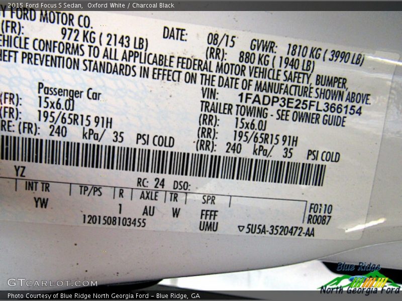 Oxford White / Charcoal Black 2015 Ford Focus S Sedan