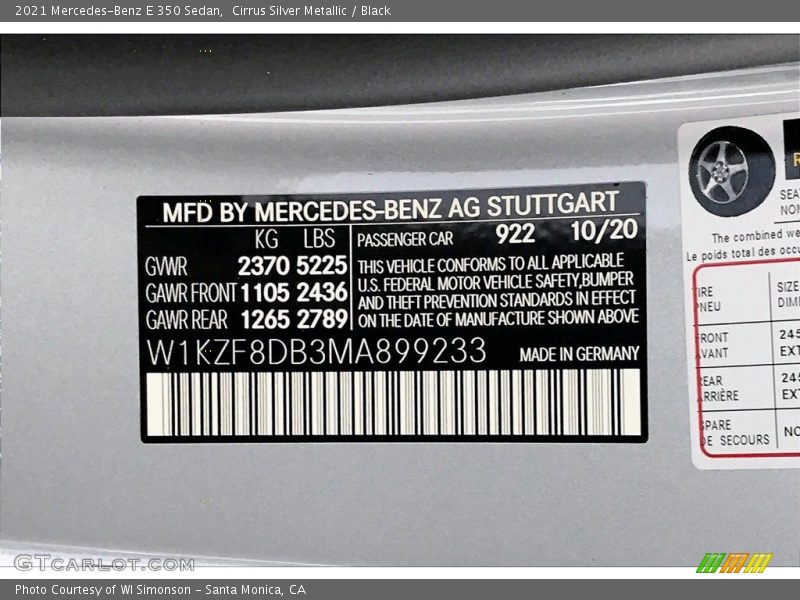 2021 E 350 Sedan Cirrus Silver Metallic Color Code 922