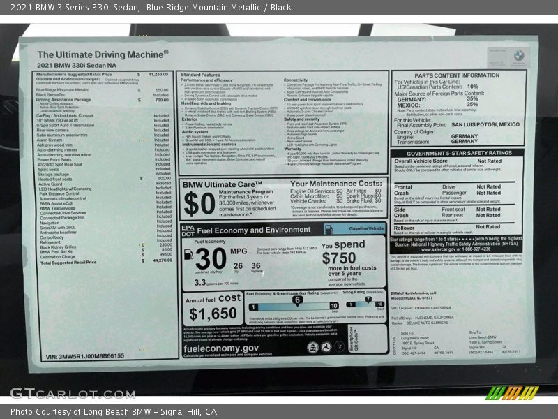  2021 3 Series 330i Sedan Window Sticker