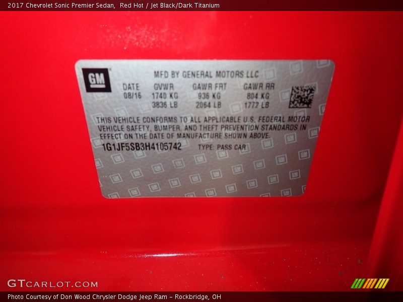 Red Hot / Jet Black/Dark Titanium 2017 Chevrolet Sonic Premier Sedan
