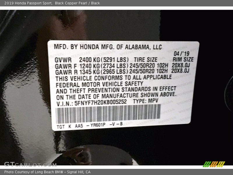 2019 Passport Sport Black Copper Pearl Color Code YR601P