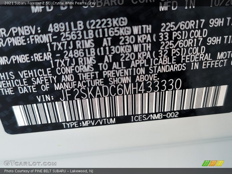 Crystal White Pearl / Gray 2021 Subaru Forester 2.5i