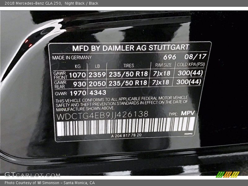 Night Black / Black 2018 Mercedes-Benz GLA 250