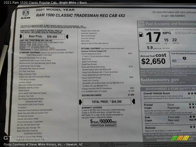  2021 1500 Classic Regular Cab Window Sticker