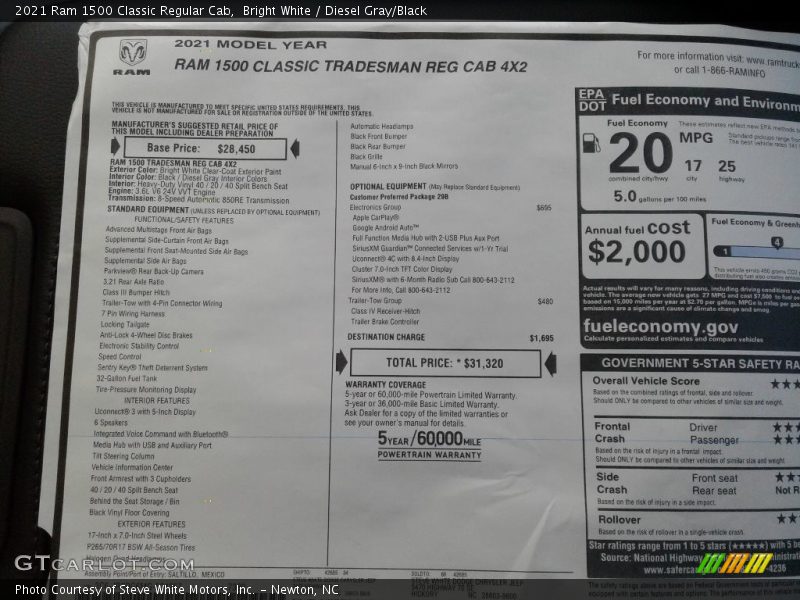  2021 1500 Classic Regular Cab Window Sticker