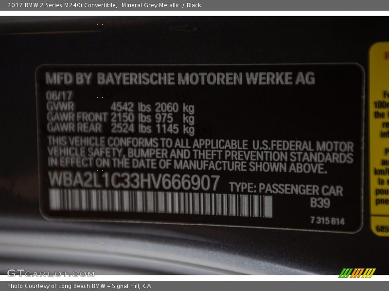 2017 2 Series M240i Convertible Mineral Grey Metallic Color Code B39