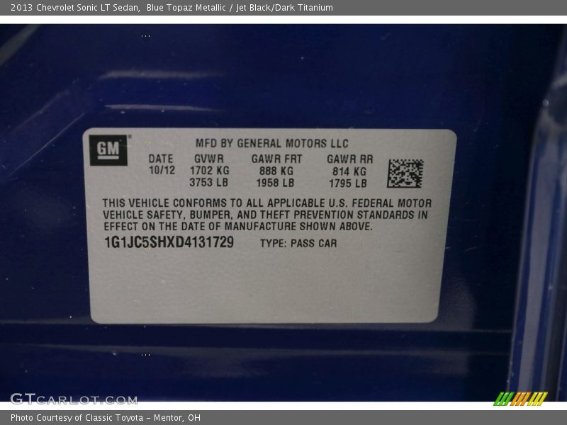 Blue Topaz Metallic / Jet Black/Dark Titanium 2013 Chevrolet Sonic LT Sedan