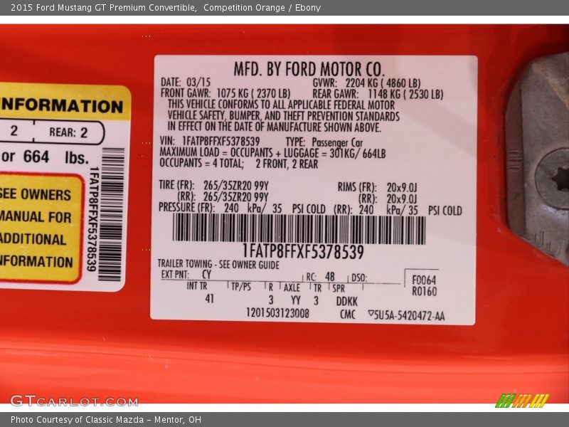 2015 Mustang GT Premium Convertible Competition Orange Color Code CY