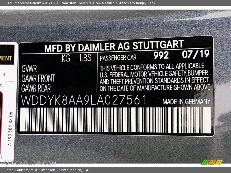 2020 AMG GT C Roadster Selenite Grey Metallic Color Code 992