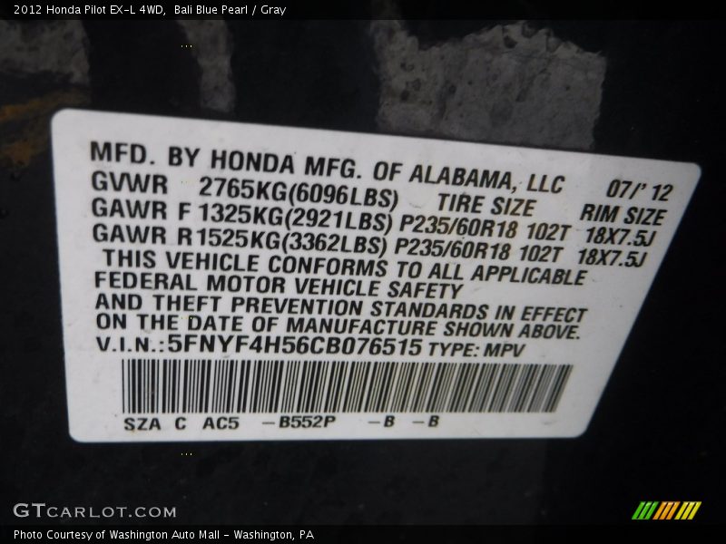 Bali Blue Pearl / Gray 2012 Honda Pilot EX-L 4WD