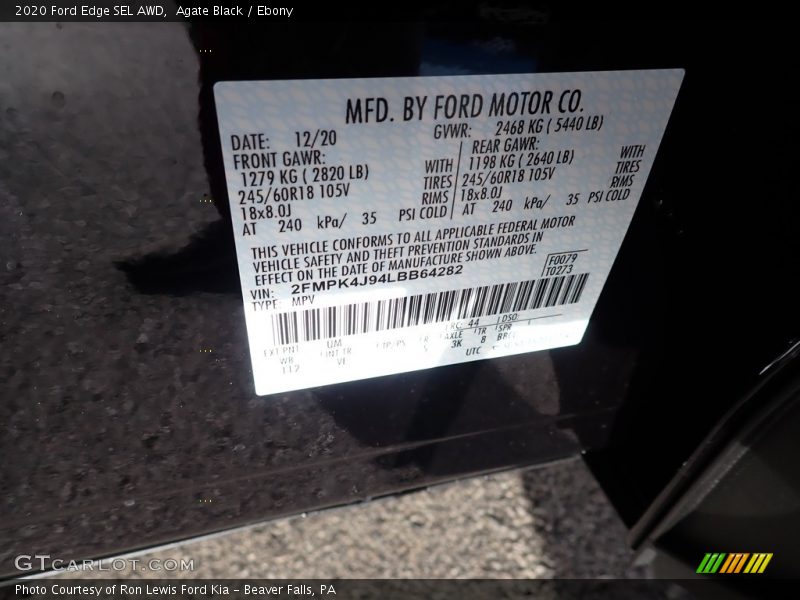 Agate Black / Ebony 2020 Ford Edge SEL AWD