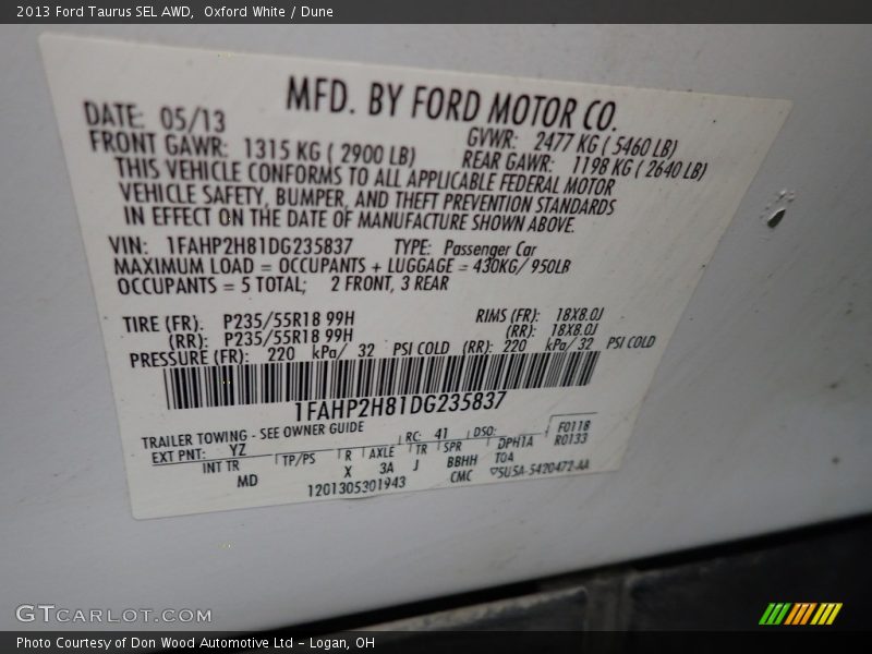 Oxford White / Dune 2013 Ford Taurus SEL AWD