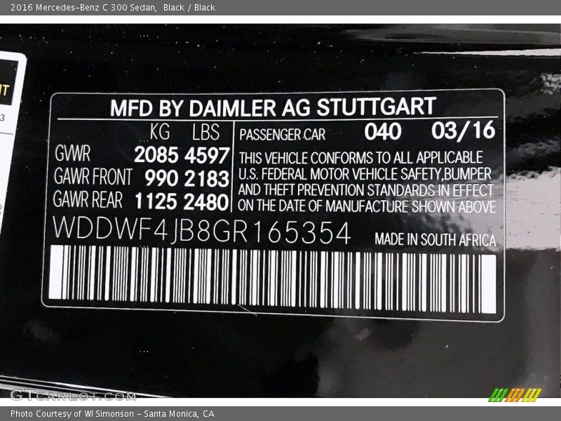 2016 C 300 Sedan Black Color Code 040