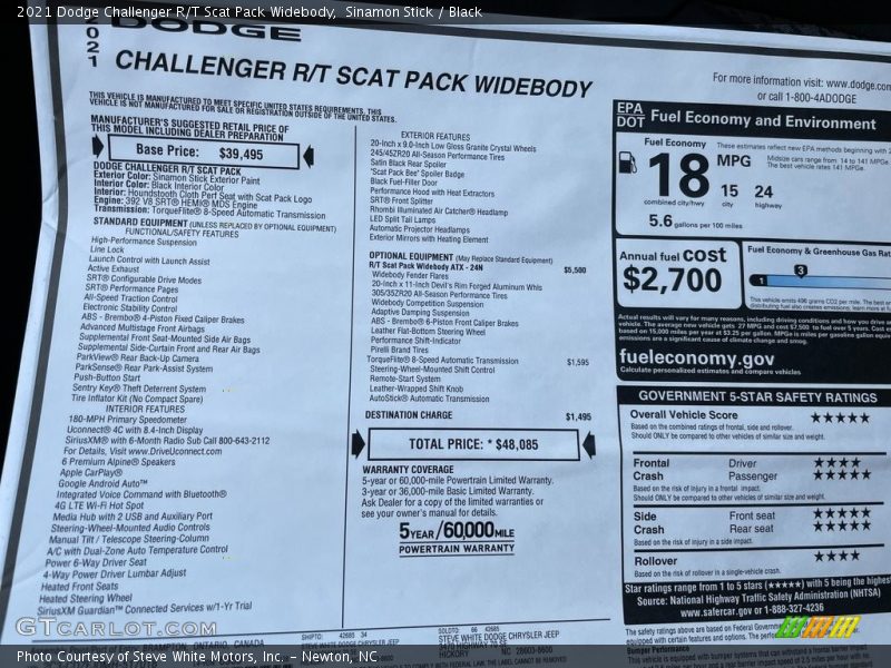  2021 Challenger R/T Scat Pack Widebody Window Sticker