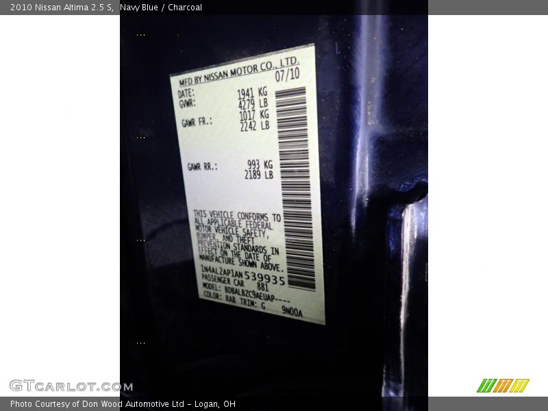 Navy Blue / Charcoal 2010 Nissan Altima 2.5 S