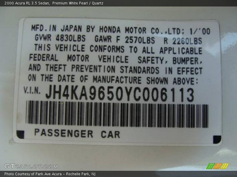 Premium White Pearl / Quartz 2000 Acura RL 3.5 Sedan