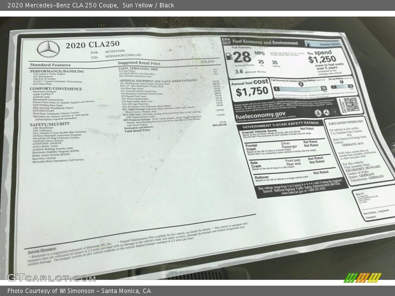  2020 CLA 250 Coupe Window Sticker