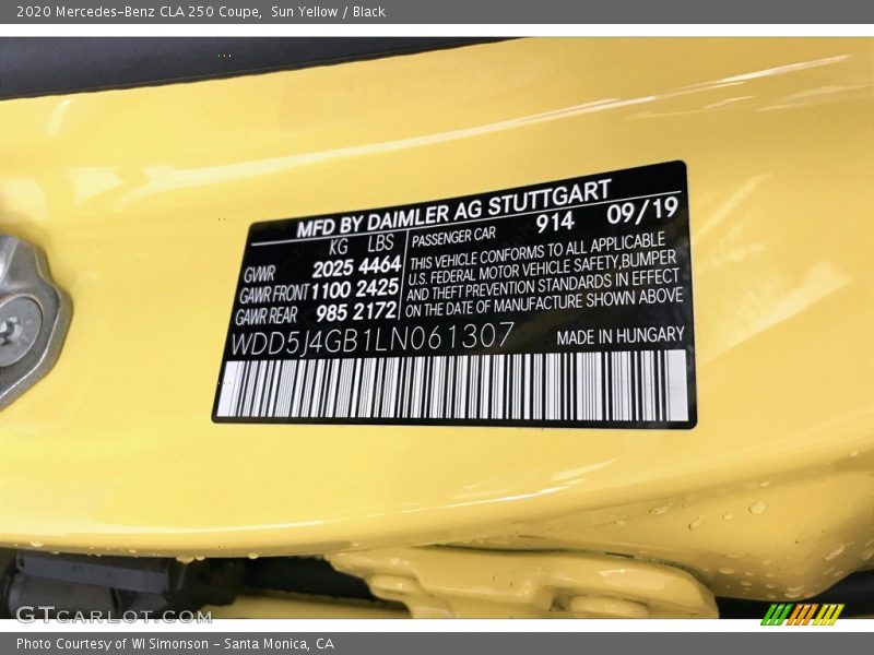 2020 CLA 250 Coupe Sun Yellow Color Code 914