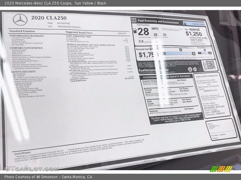  2020 CLA 250 Coupe Window Sticker